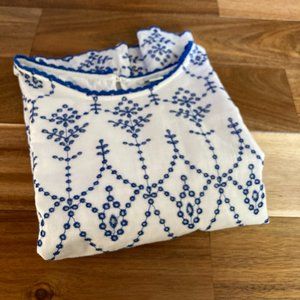 Sundance catalog white cotton fully lined blouse with blue embroidery size small